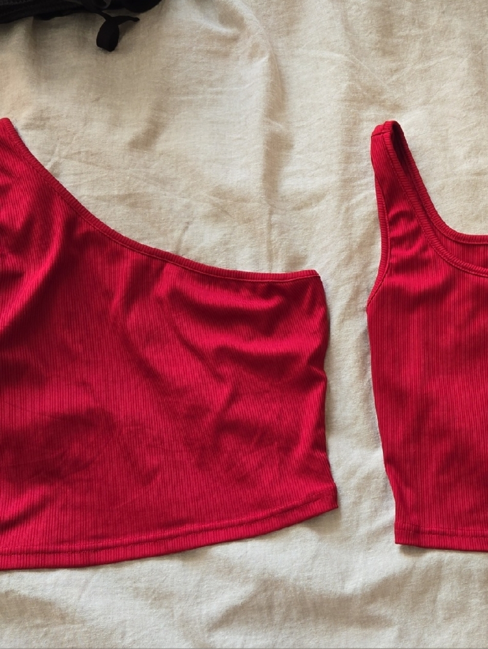 Red Ribbed One-Shoulder Crop Top Set